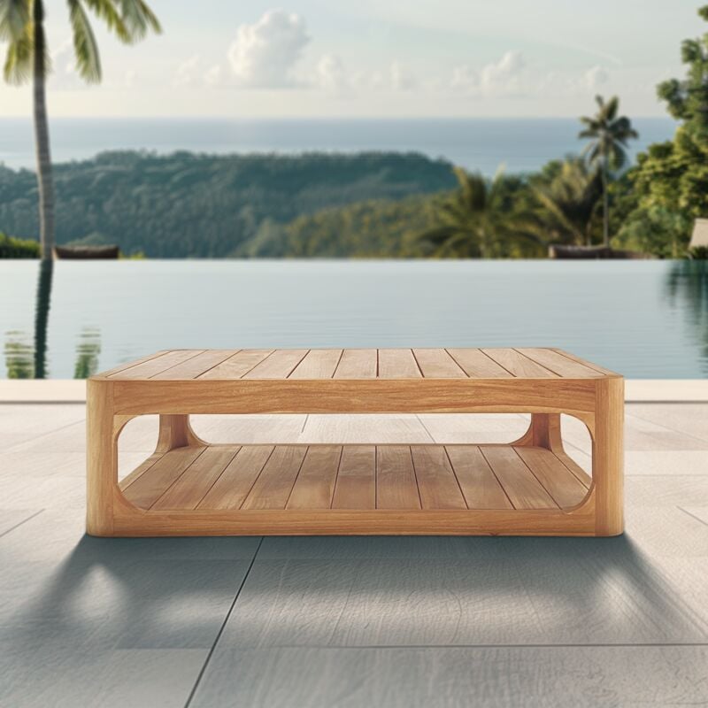 Naturel Table basse de jardin en teck massif, 122x86x35 cm, deux plateaux et angle arrondie (NATOFTB12286S)