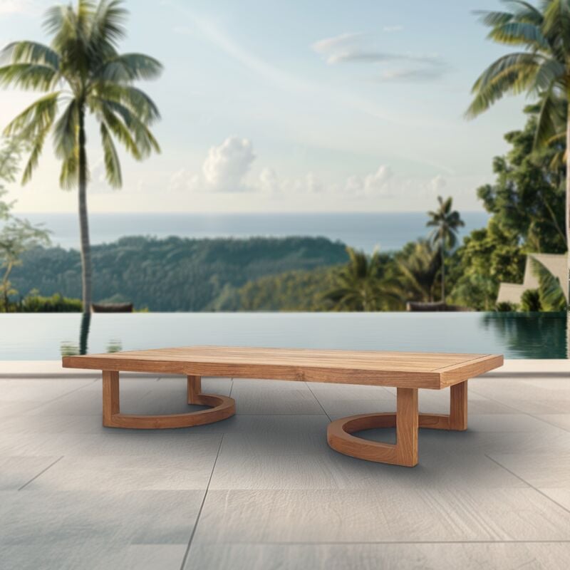 Table basse de jardin en teck massif, 153x82x30,5 cm, pieds-de-table design arrondis, fabrication artisanale (NATOFT15382S) - Naturel