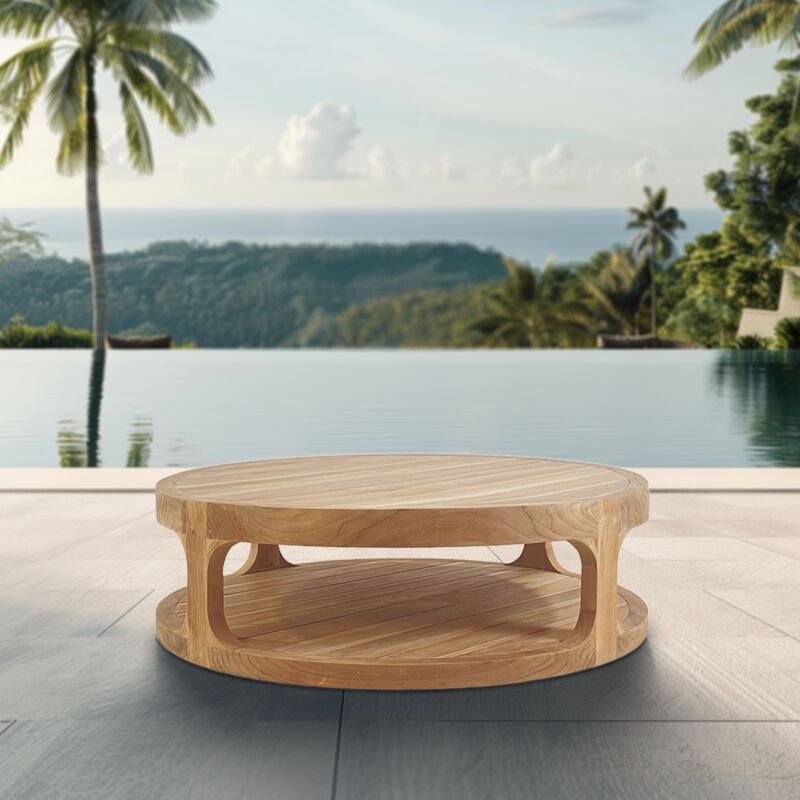 Table basse ronde de jardin en teck massif, 122x35.5 cm, deux plateaux (NATOFTB120120R) - Naturel