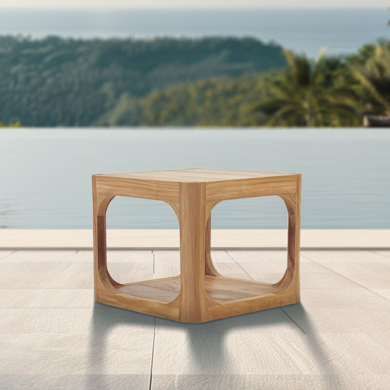 Table d'appoint de jardin en teck massif, 50x50x40 cm, deux plateaux et angle arrondie, fabrication artisanale (NATOFTB5050S) - Naturel