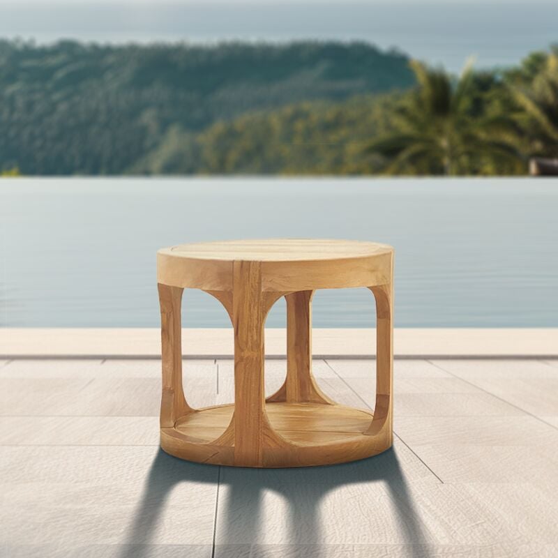 Table d'appoint ronde de jardin en teck massif, 50x50x43 cm, fabrication artisanale, deux plateaux (NATOFTB5050R) - Naturel