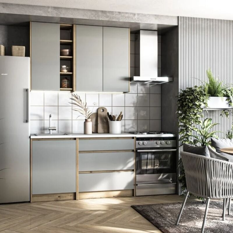 Zlata 1,4 m Ensemble de meubles de cuisine à assembler, gris et chêne (ksetzlata) - Naturel