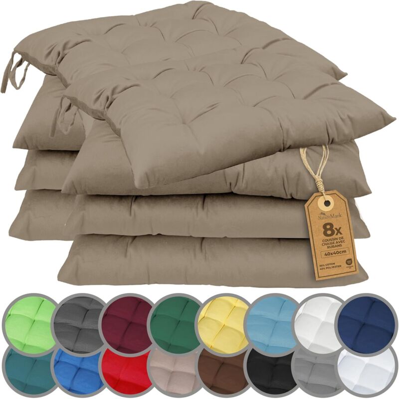 NatureMark Lot de 8 Galettes de Chaises avec Rubans 40x40 cm – Coussin de Chaise Épais pour Intérieur & Jardin – Couleur Sable/Beige