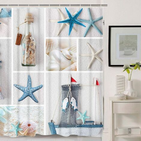 Nautical Shower Curtain, Marine Sail Boat Beach Starfish Shell Sea Life Shower Curtain with 12 Hooks, Waterproof Shower Curtain (White Blue #1, 72" L × 72" W)