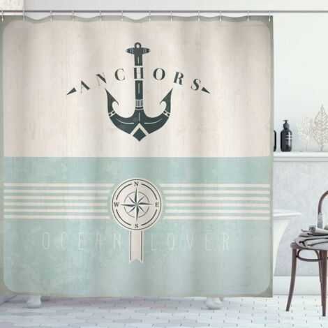 Nautique Rideau de Douche, Ancre Marine Vintage, Tissu Ensemble de Décor de Salle de Bain avec Crochets, 180 cm x 180 cm, Écume de mer Noir Beige