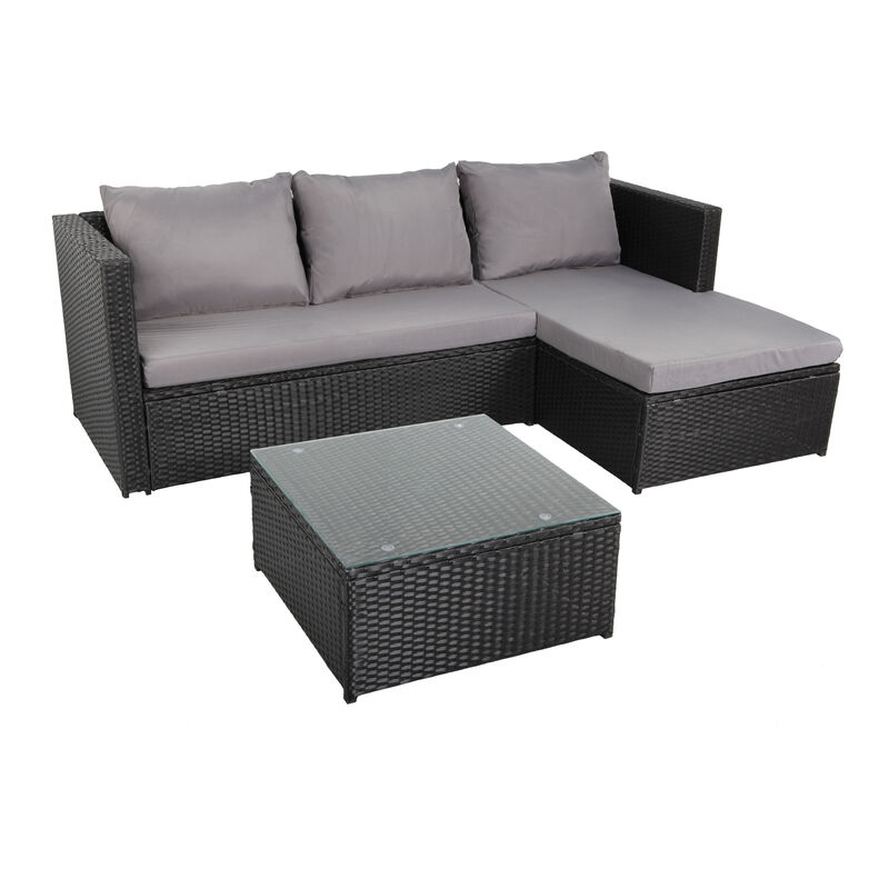 Beneffito - NAVAGIO - Salon de Jardin en Résine Tressée 3 Places - Modulable - Canapé d'Angle - Méridienne - Table Basse Carrée 60x60 cm - Noir Gris