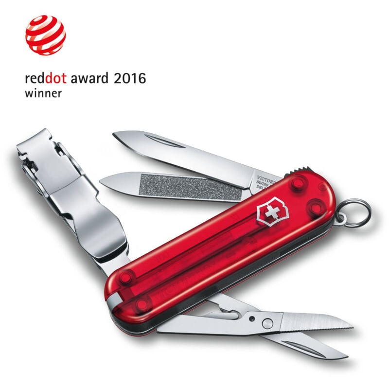 

Navaja suiza Nail Clip 580, cuenta con 8 funciones, con lima y limpiador de uñas, tamaño compacto, color rojo transparente - Victorinox