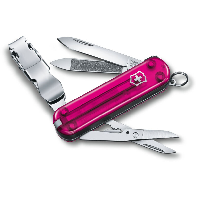 

Navaja suiza Nail Clip 580, cuenta con 8 funciones, con lima y limpiador de uñas, tamaño compacto, color rosa transparente - Victorinox