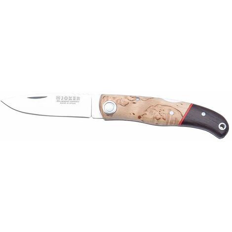 Navaja deportiva Joker, con cachas de abedul rizado, virola en madera granadillo y hoja de 7 cm de Acero MOVA, 57 gr, NL124 + tarjeta multiusos de regalo