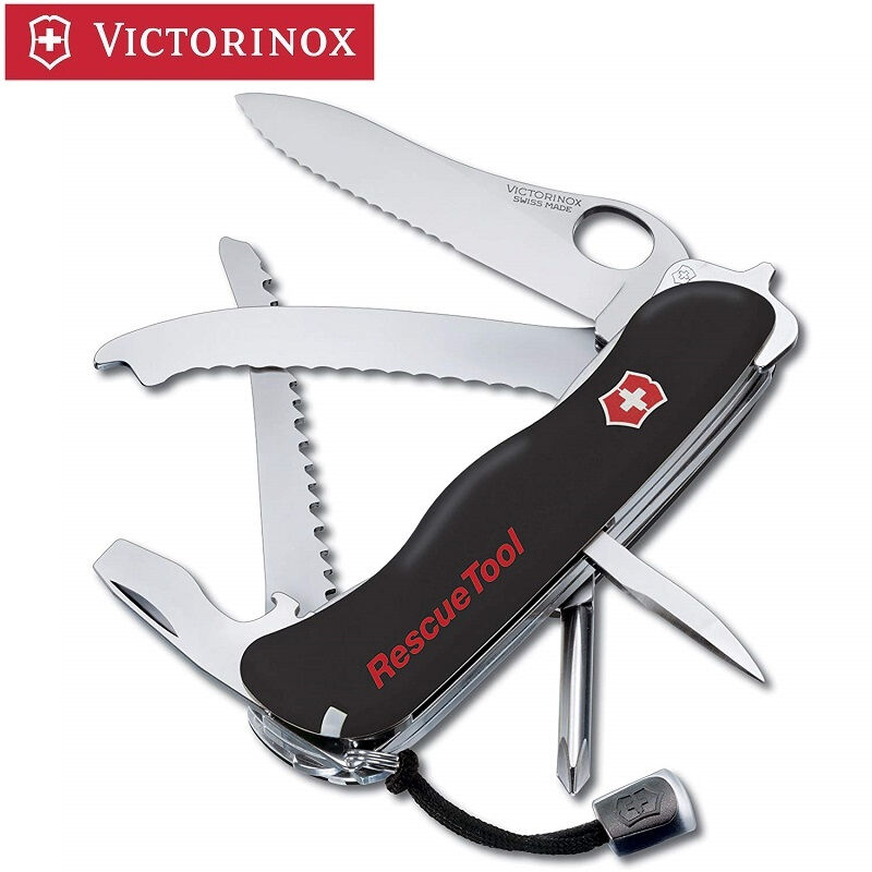 

Navaja de bolsillo suiza Victorinox Rescue Tool, 13 funciones, para romper ventanas y cortar cinturones de seguridad, 167 gr, color negro