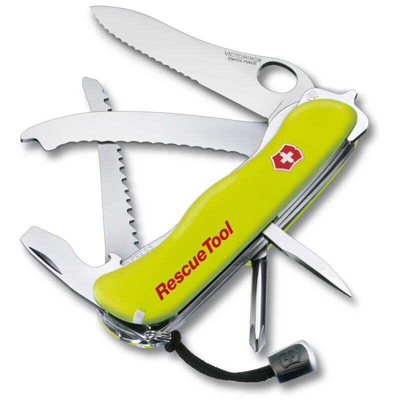 

Navaja de bolsillo suiza Rescue Tool, 13 funciones, para romper ventanas y cortar cinturones de seguridad, 167 gr, color verde - Victorinox