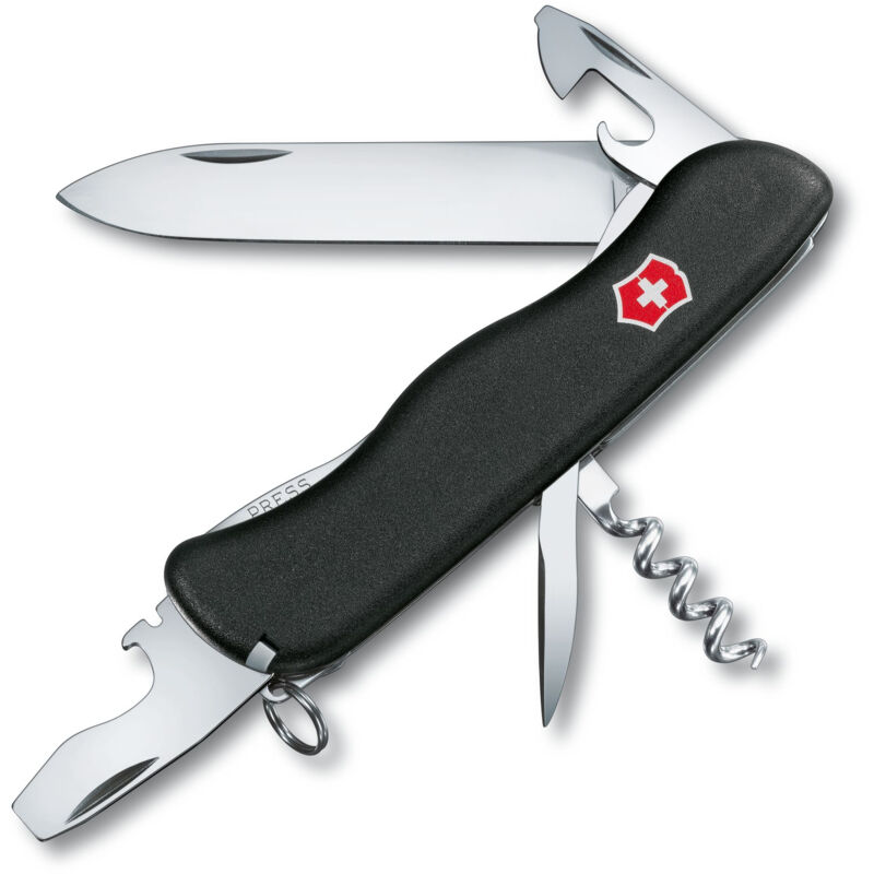 

Navaja suiza Picknicker, ideal para salidas al campo, cuenta con 11 funciones, con hoja bloqueables y destapador, color negro - Victorinox