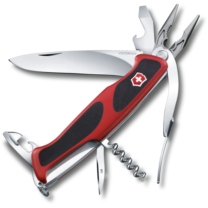 

Navaja suiza Ranger Grip 74 0.9723.CB1 Roja/Negra, 14 funciones Incluye una hoja bloqueable grande y una pinza de punta con llave de tuercas en