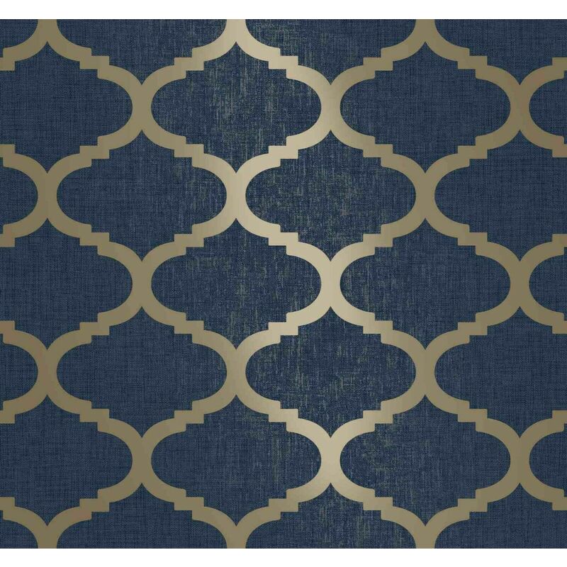 Navy Blue Metallic Gold Trellis Geometric Textured Feature Wallpaper M24211[FULL roll - Navy Gold Trellis M24211]