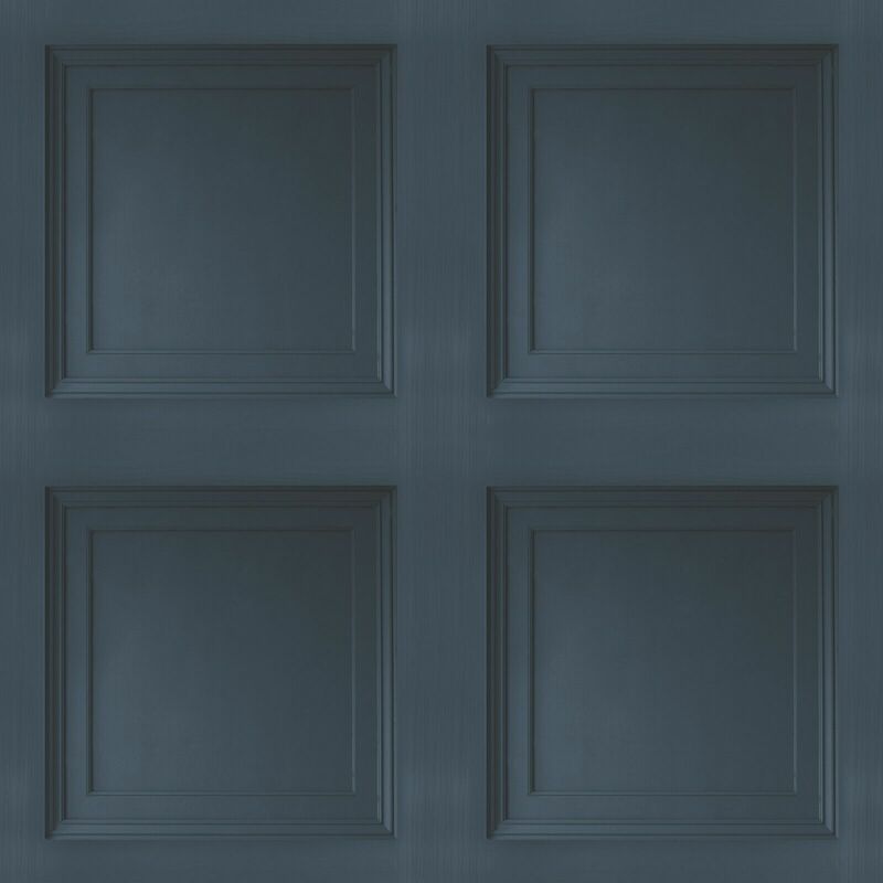 Grandeco - Navy Blue Wooden Panel 3D Effect Realistic Square Panelling Flat Wallpaper