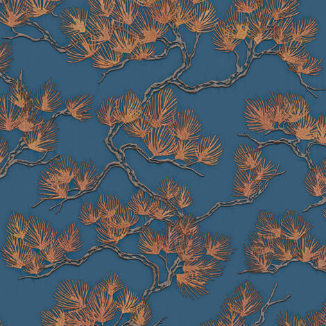 Navy Copper Pine Tree Wallpaper Textured Embossed Metallic Paste The Wall Vinyl