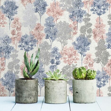 Navy Whinfell Tree Wallpaper Coral Hand Painted Effect Silver Metallic Shimmer