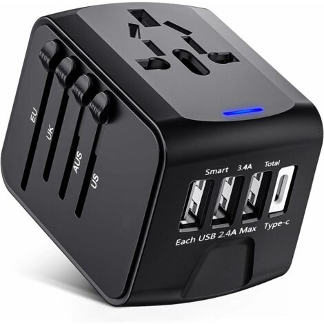 Nazalus - Más vendido - Adaptador de viaje, adaptador de enchufe universal con puertos USB tipo C + 3 puertos y enchufe de CA, adaptador de enchufe para varios países