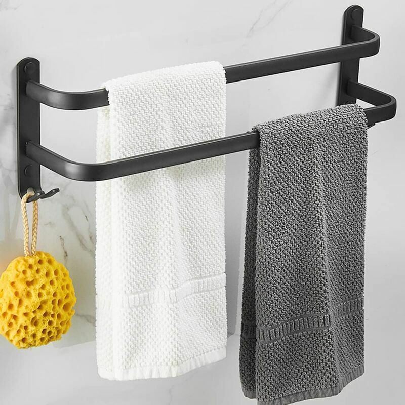 Nazalus-Vente chaude-Porte-serviette, Porte-serviettes mural en aluminium - Avec crochets - étanche - Noir - Pour salle de bain, cuisine, salle de