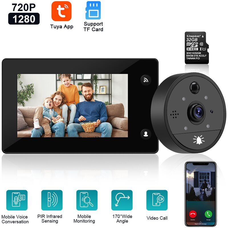 Nazalus-Vente chaude-Sonnette video de porte Tuya Wifi 4.3 pouces ecran LCD 1080P Grand Angle 170 �� Camera de oeil de chat nuit PIR