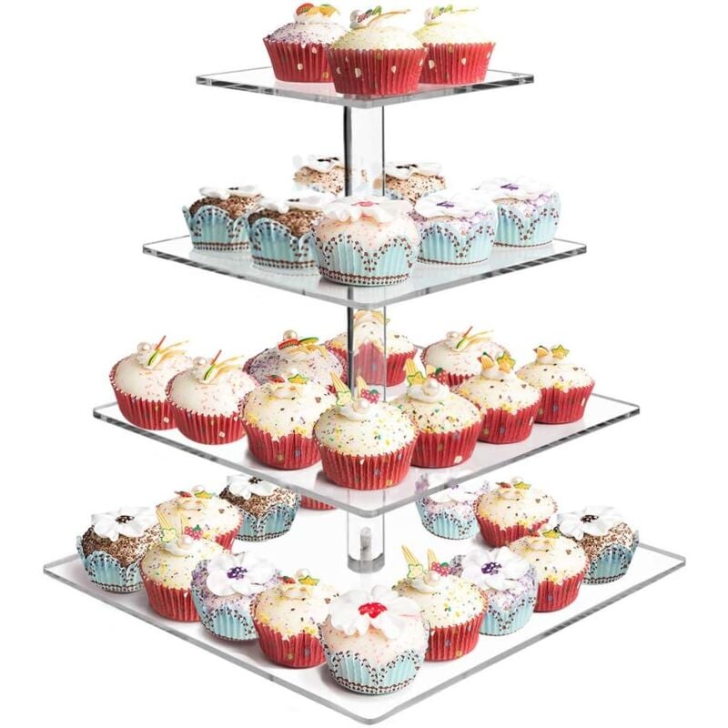 Nazalus-Vente Présentoir à cupcakes carré en acrylique à 4 étages - Présentoir à pâtisseries - Arbre à dessert - Pour mariage, fête d'anniversaire