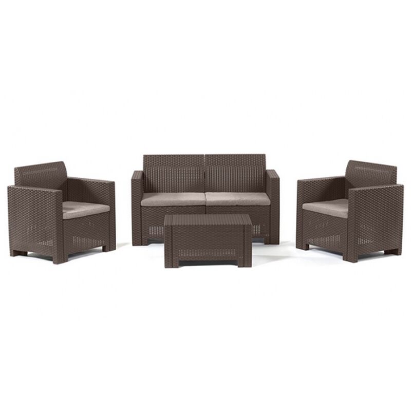 Nebraska ii garden lounge set with table, two armchairs and a sofa with brown rattan effect polypropylene cushions