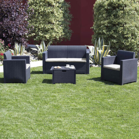 MILANI HOME Salotto Da Giardino Set 2 Posti Nero Con Cuscini Grigi Intreccio In Rattan Sintetico Per Esterno Giardino