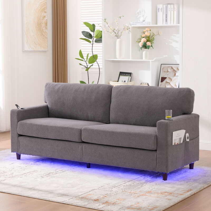 NECHE Canapé 2 places moderne en chenille avec port USB-C,éclairage LED, porte-gobelets et poches latérales,203x77.5x86cm,Gris clair