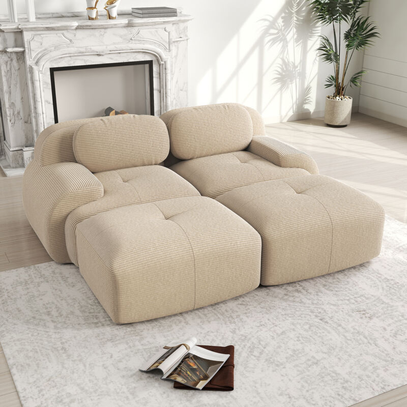Neche Canapé 2 Places Modulable en tissu Velours Côtelé,Canapé-lit avec 2 repose-pieds amovibles,Confort Hautement Élastique,Beige