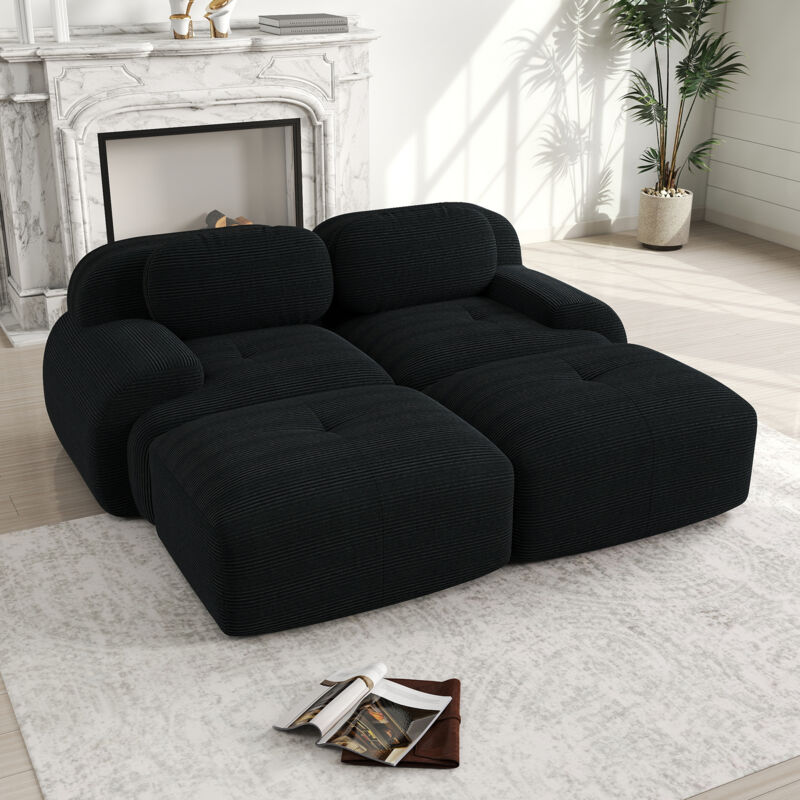 Neche – Canapé-lit modulable 2 places en velours côtelé – Confort hautement élastique – Repose-pieds amovibles – Design ergonomique noir