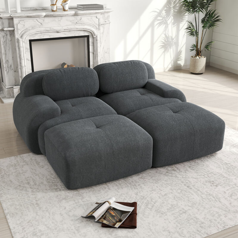 Neche – Canapé-lit modulable 2 places en velours côtelé gris – Confort haute résilience – Repose-pieds amovibles – Design ergonomique