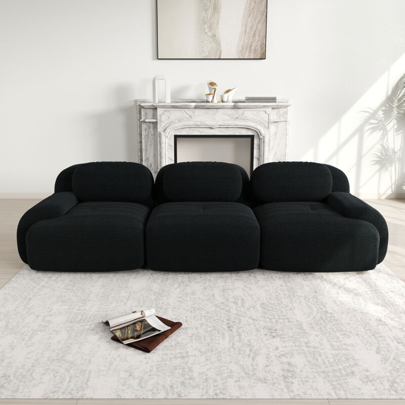 Neche – Canapé modulable 3 places en velours côtelé – Confort élastique – Accoudoirs galbés – Base antidérapante – Longueur 298cm – Noir