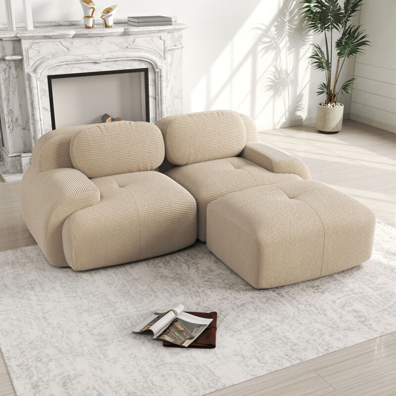 Neche Canapé d'angle 2 Places 208cm en Velours Côtelé Beige - Modulable,Confort Hautement Élastique,Accoudoirs Galbés,Base Anti-Dérapant