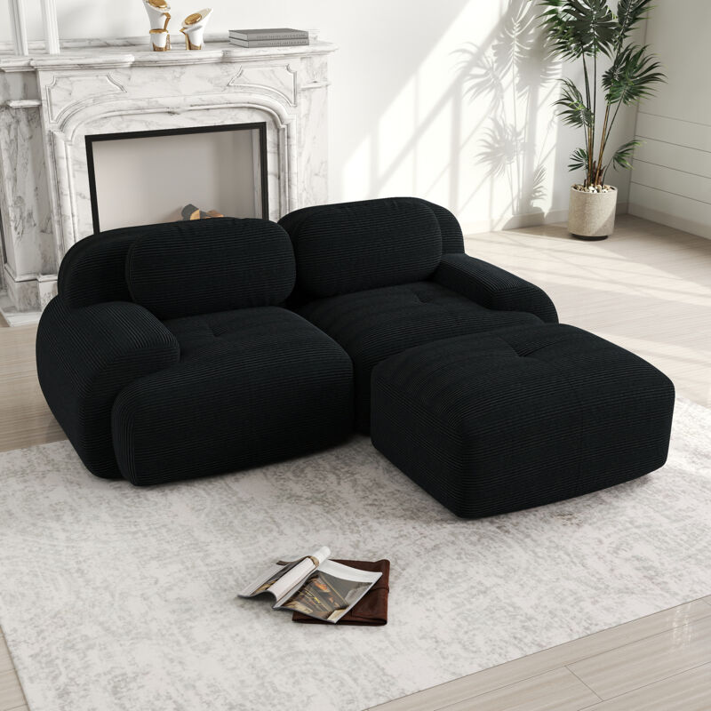 Neche – Canapé d'angle modulable 2 places 208cm en velours côtelé noir – Confort élastique – Accoudoirs galbés – Base antidérapante