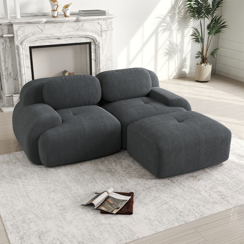 Neche – Canapé d'angle modulable 2 places 208cm en velours côtelé gris – Confort élastique – Accoudoirs galbés – Base antidérapante