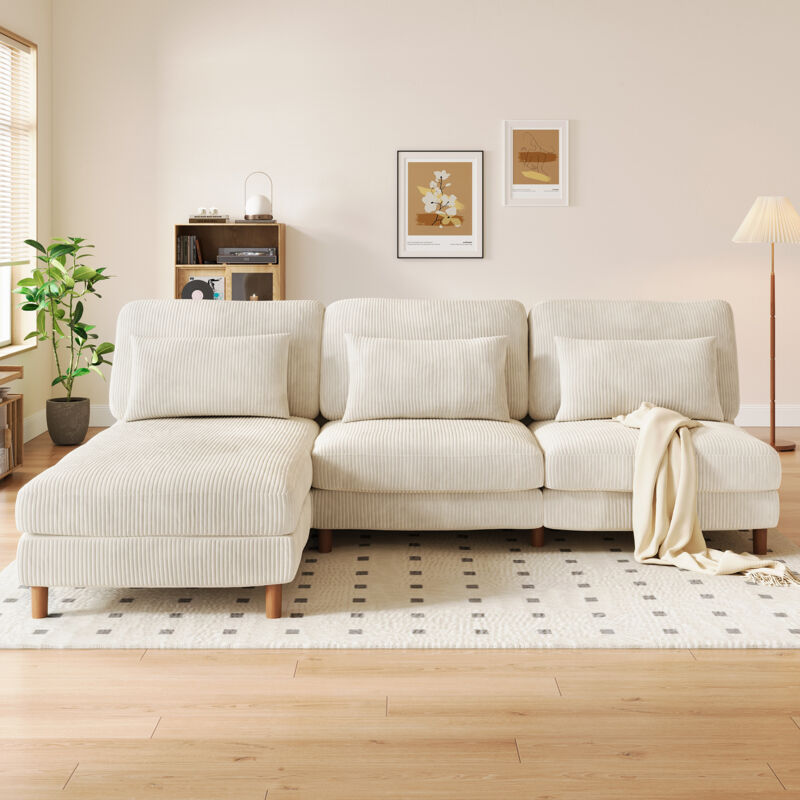 Neche - Canapé Scandinave 3 Places + Chaise Longue en Velours Côtelé Beige,Pieds en Noyer,256cm x 94cm x 88cm,Design Élégant et Durable
