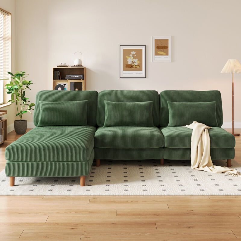 Neche Canapé Scandinave 3 Places + Chaise Longue en Velours Côtelé Vert,Pieds en Noyer,256cm x 94cm x 88cm,Design Doux et Durable
