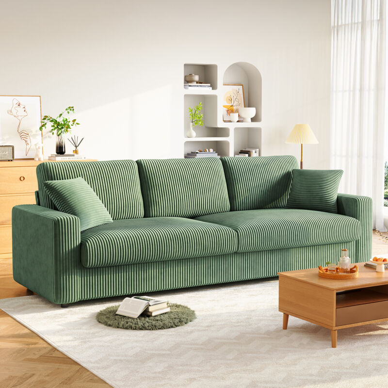 Neche – Canapé scandinave 3 places en tissu velours côtelé vert 256x89x88cm – Confort optimal avec assise en ressorts – Style moderne pour salon