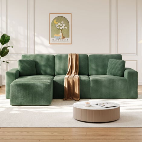 NECHE Modulares Ecksofa – Grüner Cord,3-Sitzer-Kombisofa + Chaiselongue,Frei kombinierbar,254 x 160 x 87 cm