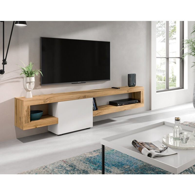 Bestmobilier - Ned - meuble tv suspendu - 1 porte et 1 étagère - bois et blanc - 190 cm