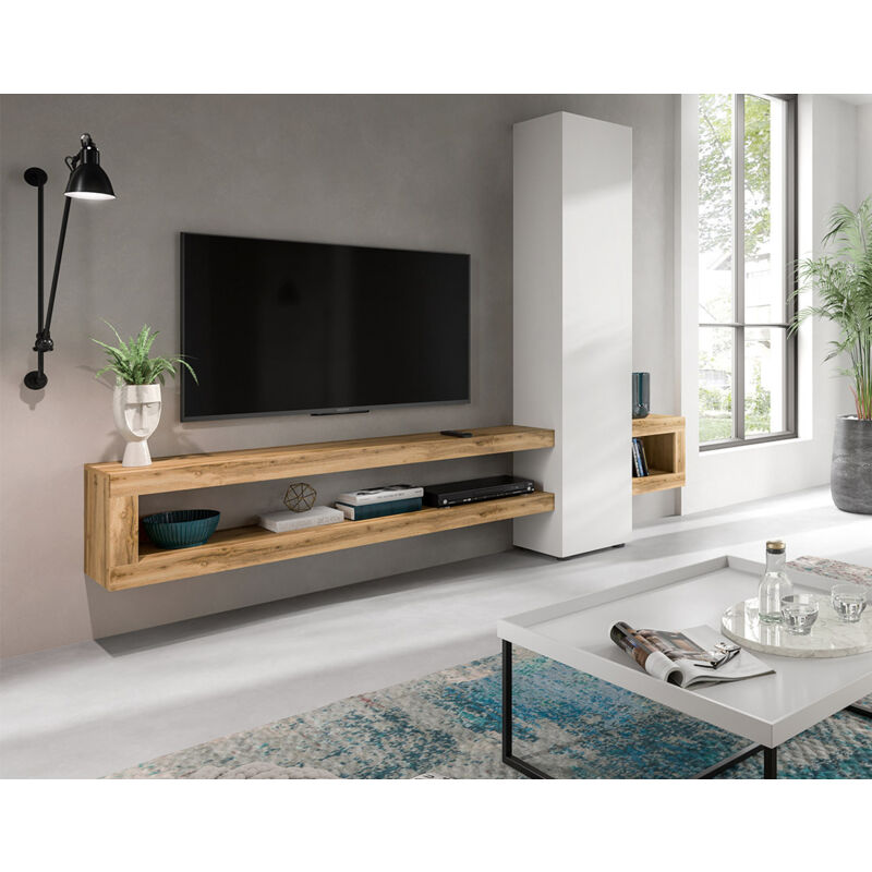 Bestmobilier - Ned - meuble tv suspendu - 1 porte et 3 étagères - bois et blanc - 240 cm - bois / blanc