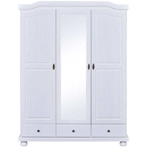 NEDER - Armoire 3 Portes Avec Penderie Bois Massif Vernis Blanc