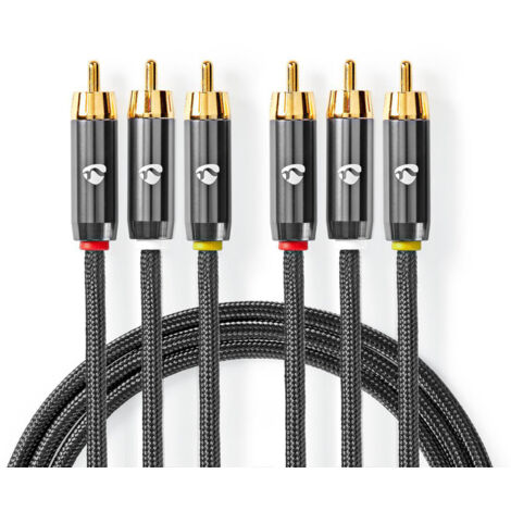 Nedis Composite-Videokabel / 3x Cinch-Stecker / 3x Cinch-Stecker / Vergoldet / 480p / 2.00 m / Rund / Baumwolle / Anthrazit / Gun Metal Grau / Verpackung mit Sichtfenster