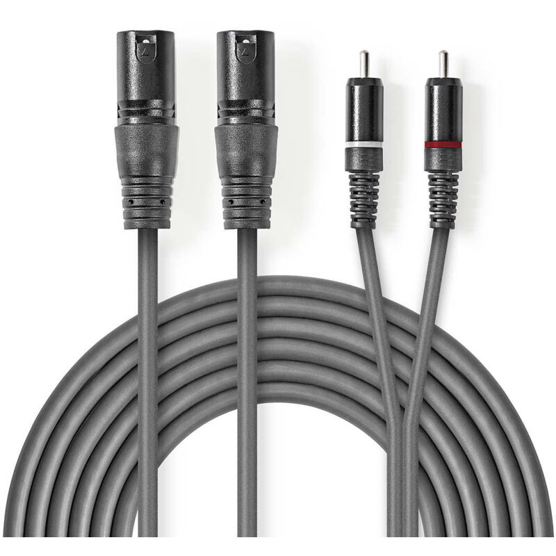 Nedis - Modèle du produit : Câble Audio xlr Symétrique 2x xlr 3-Pin Mâle 2x rca Male Plaqué nickel 3.00 m Rond pvc Gris Foncé Manchon en Carton