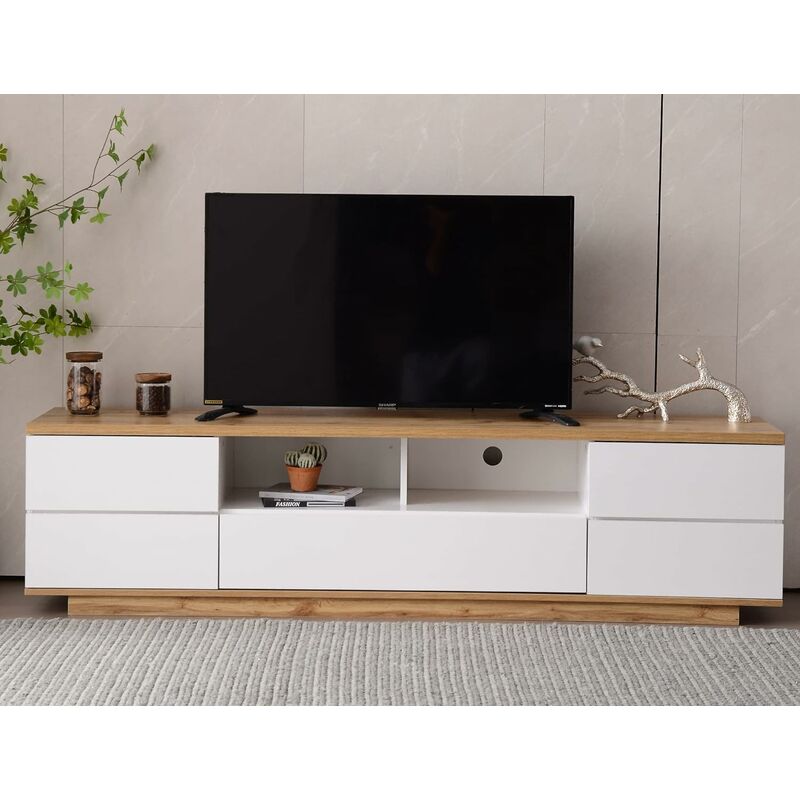 Need - Banc tv Blanc Meuble tv pour Centre de Divertissement, Support tv Armoire 180cm avec Étagère de Rangement, Gestion des Câbles pour Salon,