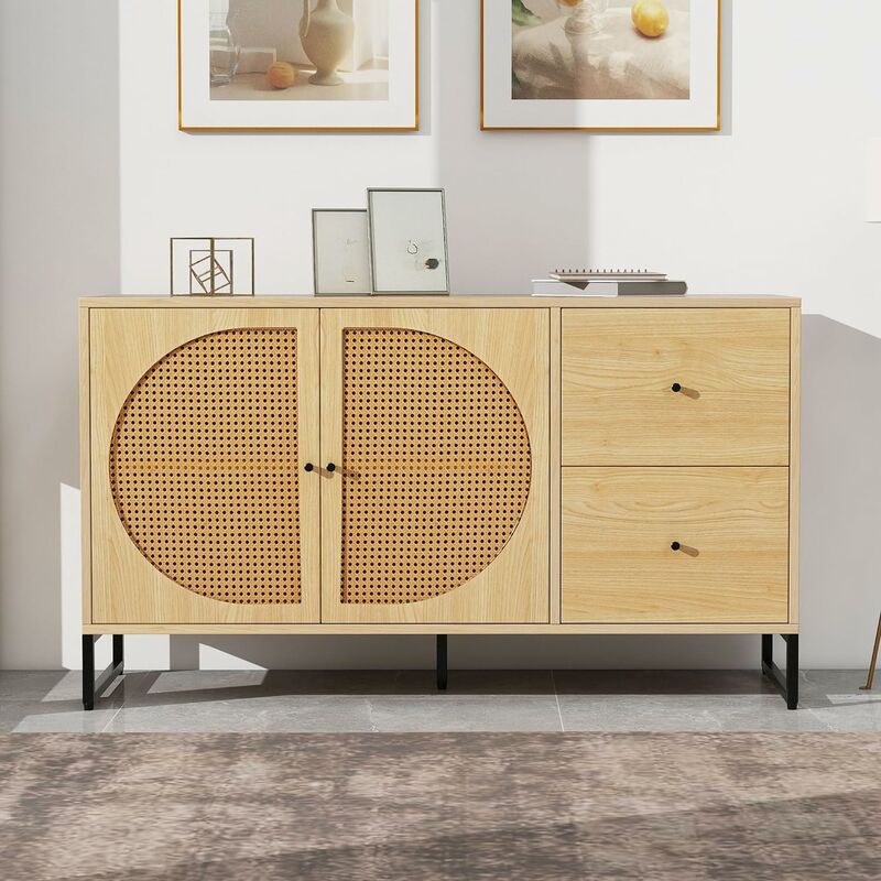 Buffet Meuble de Rangement avec Portes en Rotin et Tiroirs, Table de Console Armoire de Cuisine pour Chambre à Coucher, Salon, Bureau, Cuisine - Need