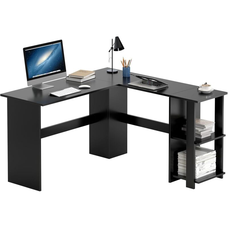 Need - Bureau d'angle Postes de Travail Bureau Informatique en l Bureau Gaming avec Étagères pour ÉtudesTravail, Gaming,130 x 130 x 73CM -Noir