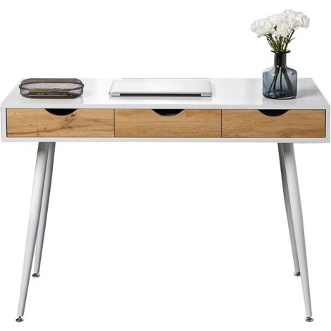Need – Bureau d'ordinateur moderne 110 x 50 cm – 3 tiroirs – Bois MDF et teck – Stable et élégant pour espace de travail