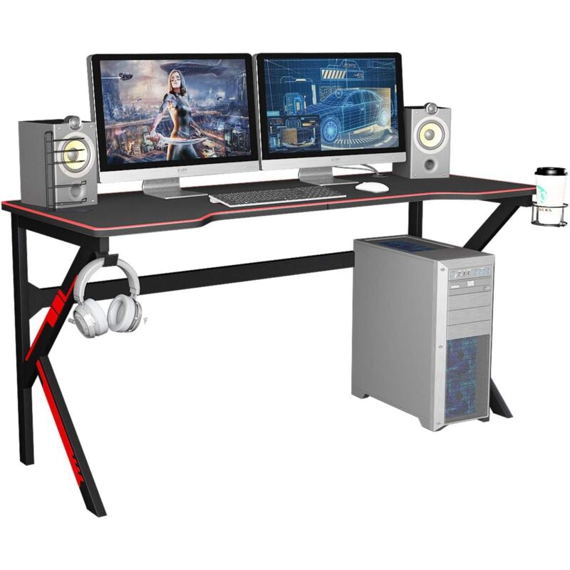 Need - Bureau pour Ordinateur de Jeu Table de Jeu pc 160 x 60cm Bureau Gaming avec Grande Surface de Jeu, Porte-gobelet, Crochet pour Casque, Tapis