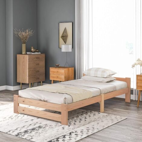 NEED Cadre de Lit Solide en Bois Massif Lit avec Tête de Lit et Sommier à Lattes Lit pour Adulte Lit Simple, Naturel 200x90cm